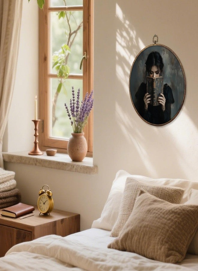 HUGANE Vintage Moody Women Reading Book Round Wall Art Decor, Dark Academia Bookish Hanging Canvas Framed Prints Wall Sculptures for Home Reading Nook Corner Library Decor, 10x10 Inch - Image 3